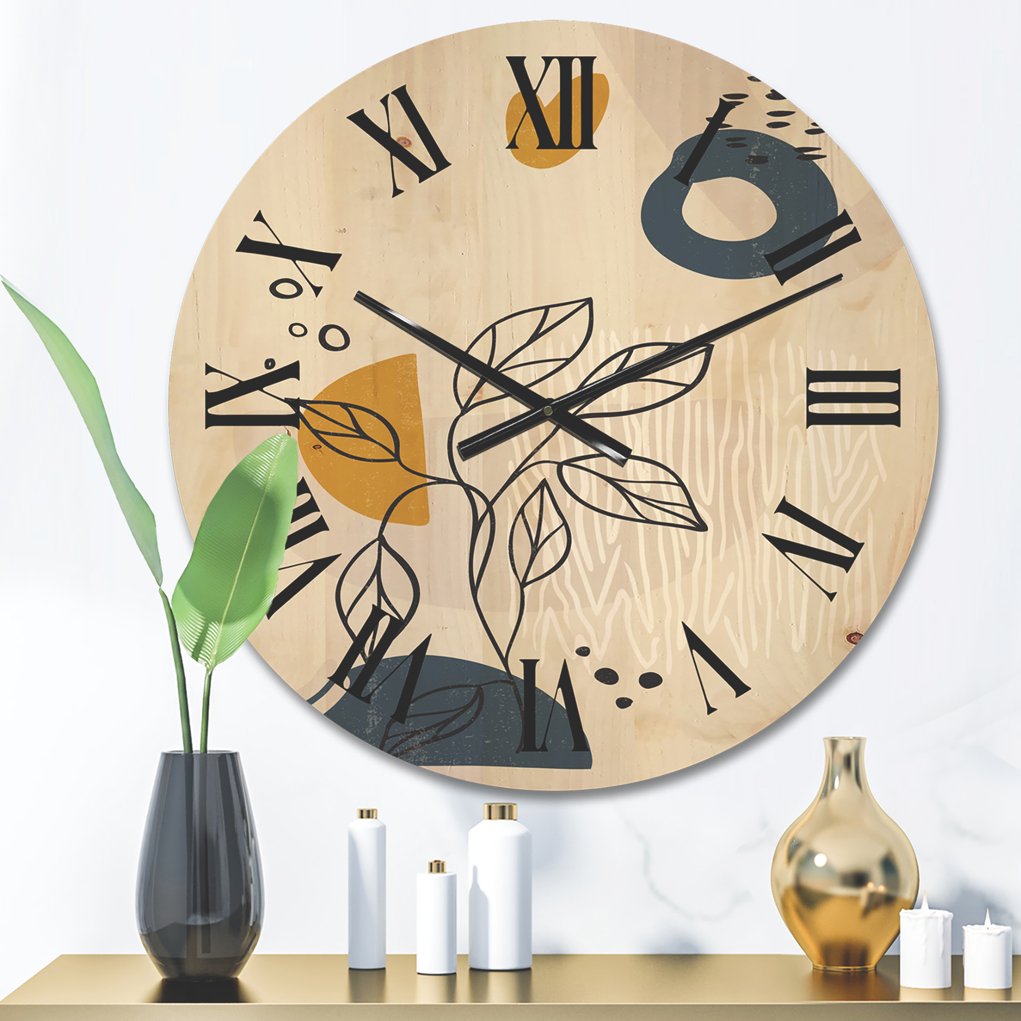 Designart 'Ancient Boho Art Minimalistic Flowers II' Modern Wood Wall Clock