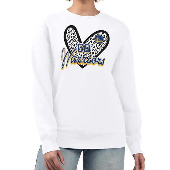 Women's G-III 4Her by Carl Banks White Golden State Warriors Leopard Heart Fleece Pullover Sweatshirt