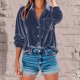 thumbnail image 2 of Blusas para mujer,Camisa de terciopelo con botones, blusa de manga corta con cuello en V, textura arrugada, mezcla de lino, ropa informal, sopatenor, 2 of 9