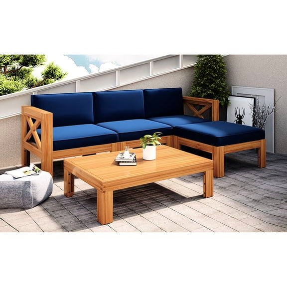 5 Outdoor Patio Sectional Seating Group With Cushions - Natural Finish, Blue, Wood, Water-, -, For Rafting Frame, Fishing