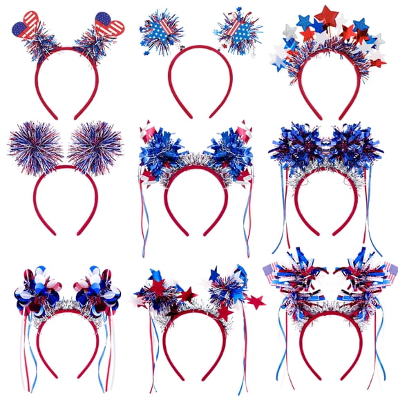 Abaima 9 Pcs 4th of July Headband Patriotic Hair Accessories, Star Heart Head Boppers for Independence Day Parade Decorations & Party Favors