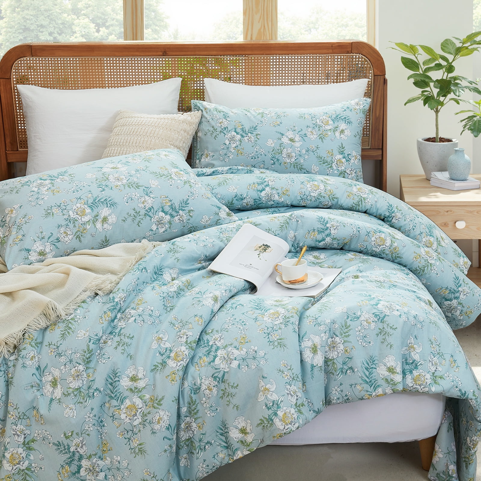 100% Cotton Comforter Set Queen Size, Botanical Floral Comforter with 2 Pillowcases, Vintage Garden Flowers Pattern, Soft Breathable Bedding for All Seasons