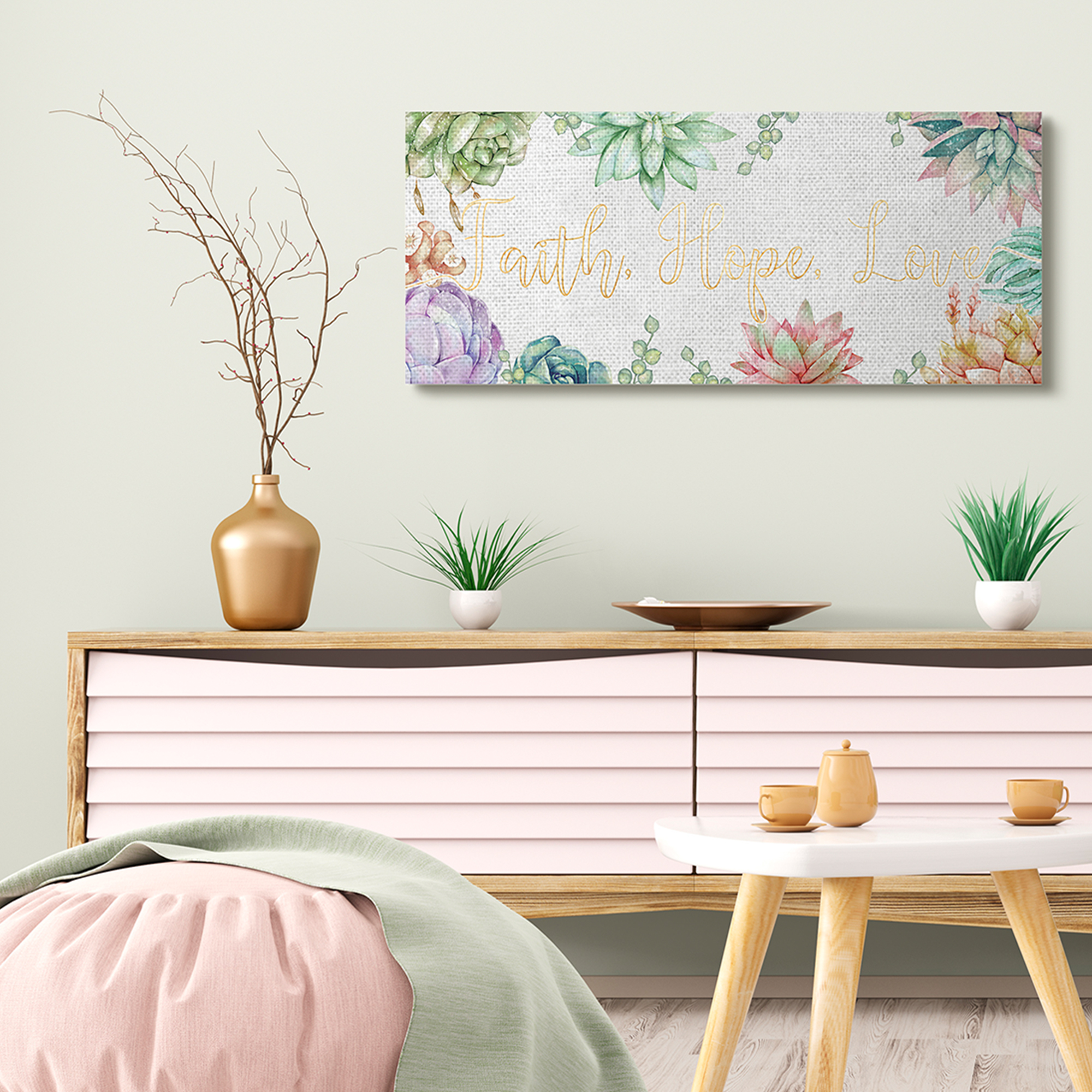Stupell Industries Faith Hope Love Mantra Expressive Succulent Florals Botanical & Floral Painting Gallery Wrapped Canvas Art Print Wall Art, 17 x 40