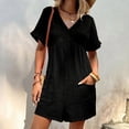 thumbnail image 5 of Short Sleeve V-Neck Loose Fit Solid Color Cotton Rompers,Fashion Women's Pocket Zippered Jumpsuit, 5 of 9