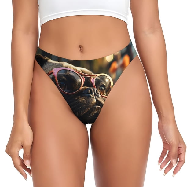 Balery Pug Wearing Sunglasses Flowers Tangas de Algodón para Mujer con Estampado – Ropa Interior Sexy, Transpirable, G-string-4X-Large