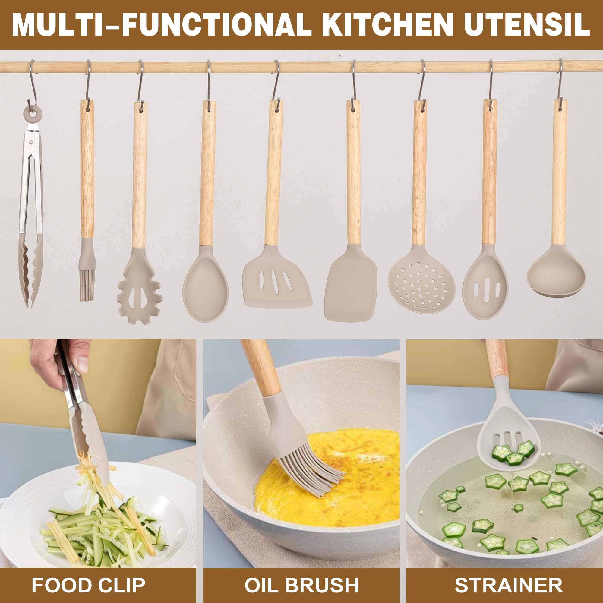 HEESEM 23 PCS Silicone Utensils Kitchenware Set with Removable Knife Cover, Non-Stick Heat Resistan Tools-Khaki