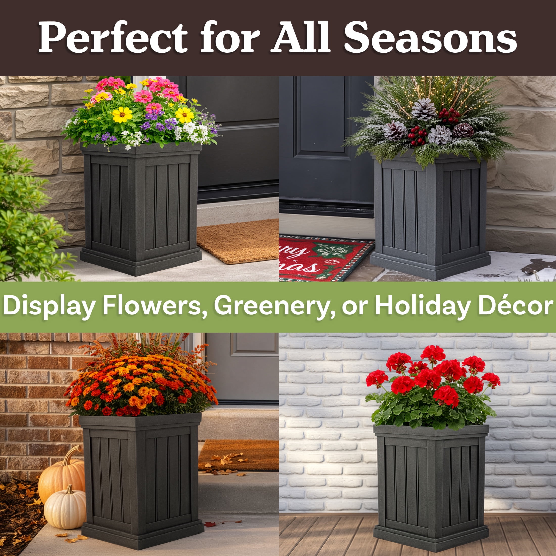 Pure Garden Outdoor Planter Box - 13.7” Square 19” Tall Plastic Plant Pot with Drainage Holes, Gray