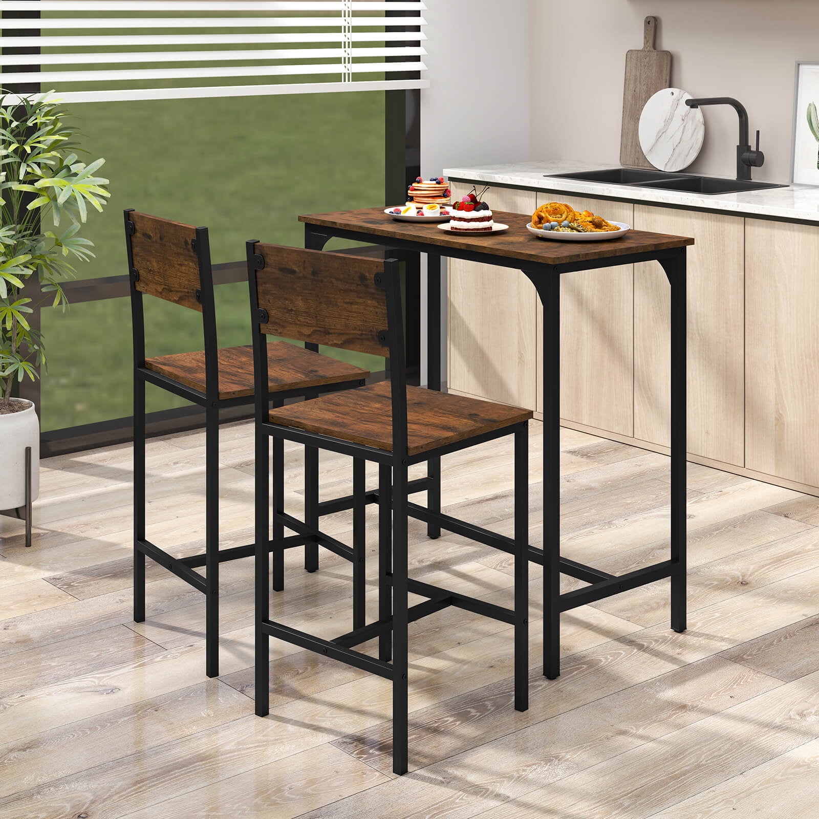 Costway 3 PCS Bar Table Set Pub Dining Table & 2 Bar Stools with Backrest & Footrest Brown