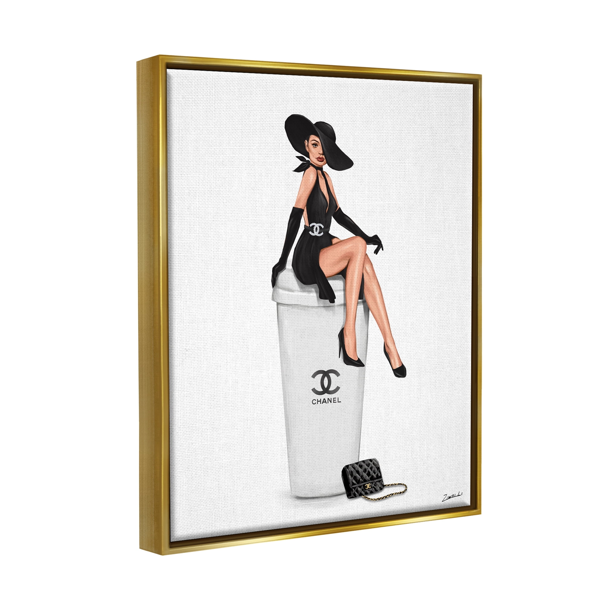 Stupell Industries Girl in Black Dress Fashion Food & Beverage Painting Gold Floater Framed Art Print Wall Art, 25 x 31