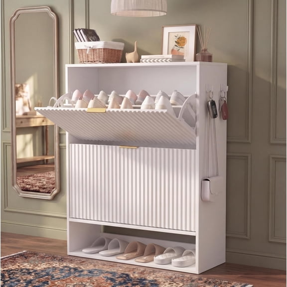 TacleeKii Fluted Shoe Cabinet for Entryway & Hallway - Slim 11.8" D Narrow Shoe Storage Rack with 2 Turn-Down Drawers & Side Hooks, White