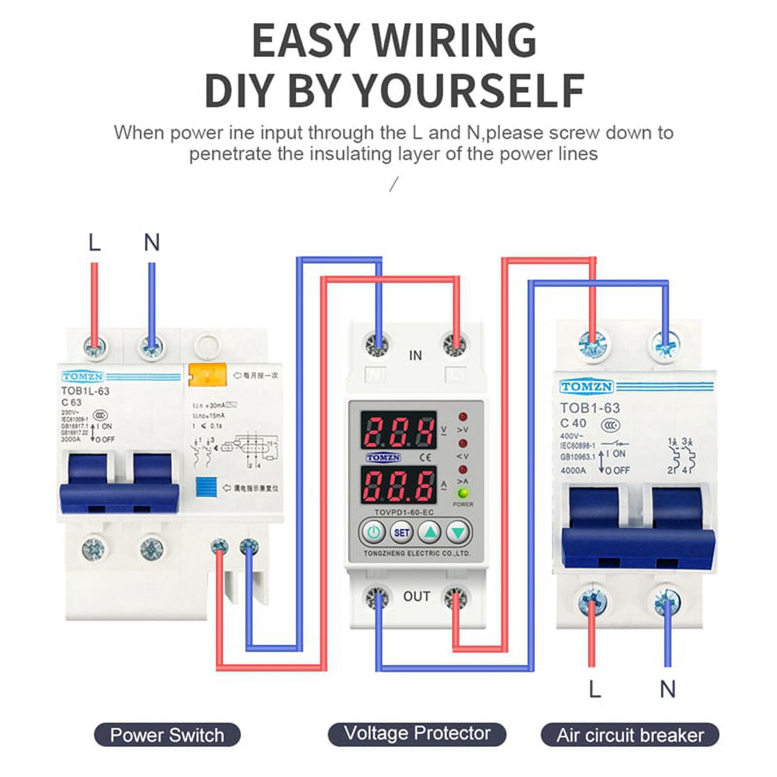 2X Din Rail Dual Display Adjustable Over Voltage Current and Under Voltage Protector Relay 40A 220V 230V