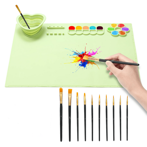 Silicone Craft Mat, 20×16 inches Silicone Painting Mat with Water Cup and Paint Holder, Silicone Artist Mats with 10 Brushes for Crafts Perfect for Resin Mat, Silicone Sheets Creater Mat for DIY