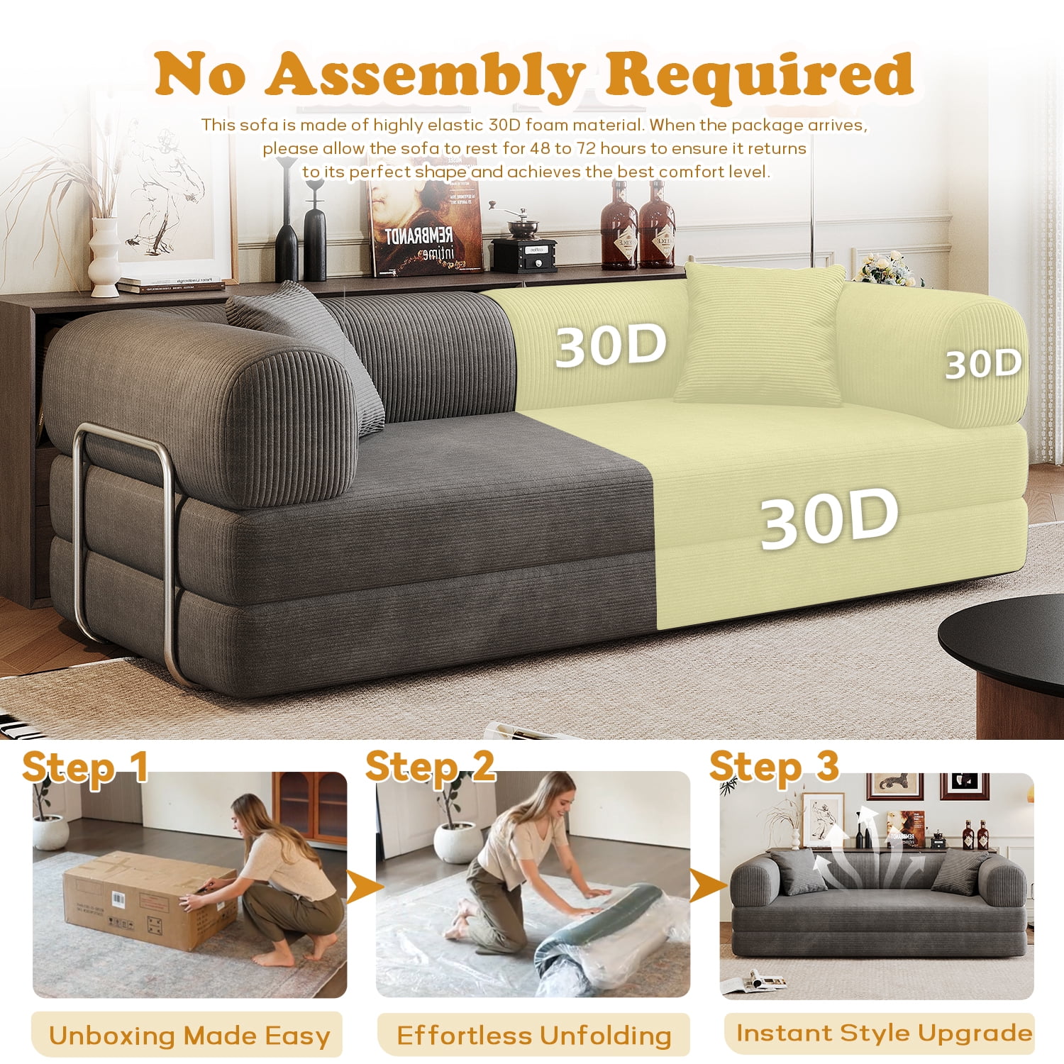 Eyisean 78.8" Corduroy Convertible Sofa Bed with Stainless Fixed-Shape Frame, 4-in-1 Boneless Loveseat with Pull-Out Bed, Lounge Futon Sofa Couch Floor Mattress for Living Room, No Assembly Required