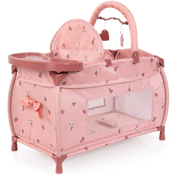 Bayer Design: Doll Multi-Bed - Pink & Flowers - Sleep Playpen, Built-In Feeding Highchair, Pillow-Blanket-Mobile, Care Center Fits 18" Dolls, Kids 3