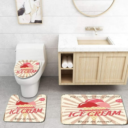 PUDMAD Ice Cream Vintage Sign Homemade Ice Cream Best in Town Quote Red 3 Piece Bathroom Rugs Set Bath Rug Contour Mat and Toilet Lid