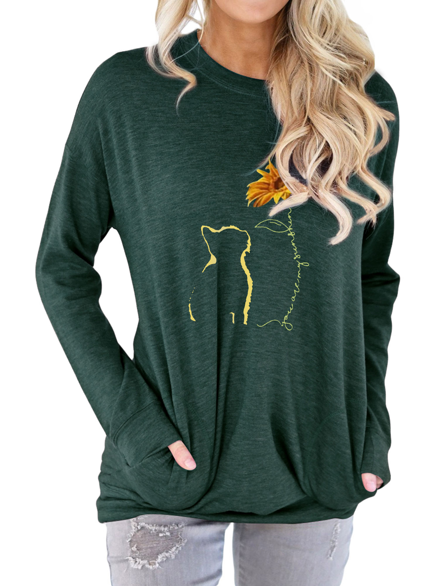 TWY Women Solid Color Long Sleeve Sunflower Cats Print Sweatshirt Tops