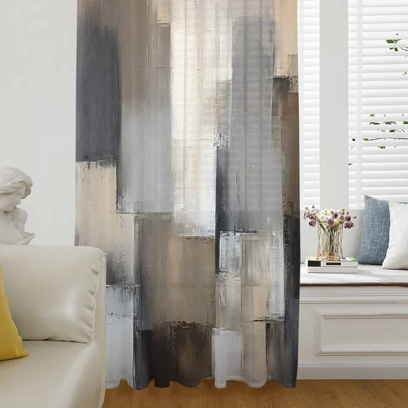 Grey Brown Abstract Semi Sheer Curtains Drapes for Living Room, Bedroom, French Doors Window 45 Inches Long, Oil Painting Color Blocks Rod Pocket Chiffon Curtain Drapery Voile Draperies Panel