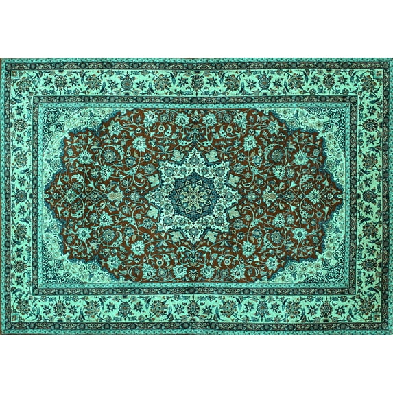 Ahgly Company Machine Washable Indoor Rectangle Medallion Turquoise Blue Traditional Area Rugs, 8' x 12'