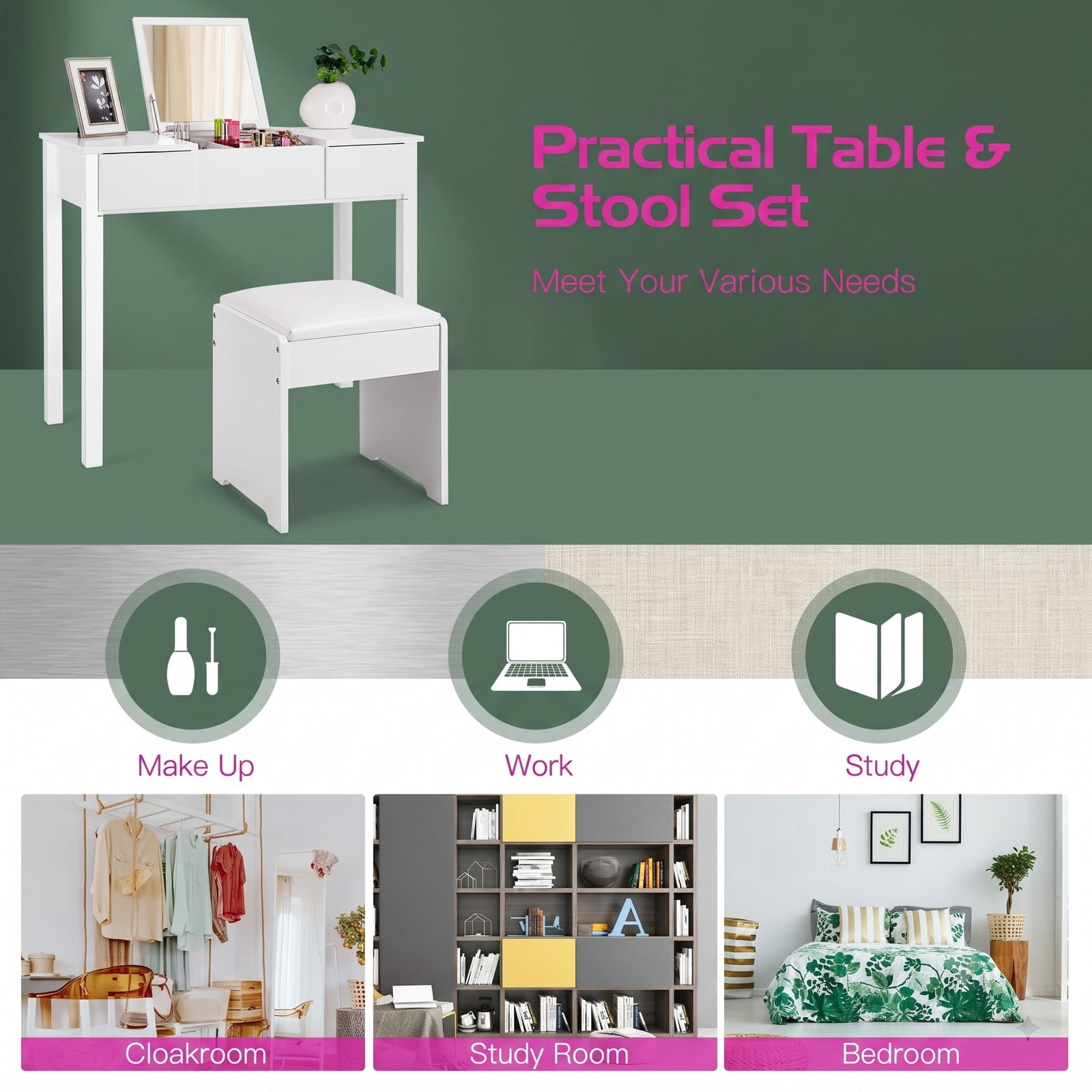 Furnibear Vanity Makeup Dressing Table Set with Flip Top Mirror and Cushioned Stool, Makeup Vanity Desk with 2 Drawers and Hidden Storage, White