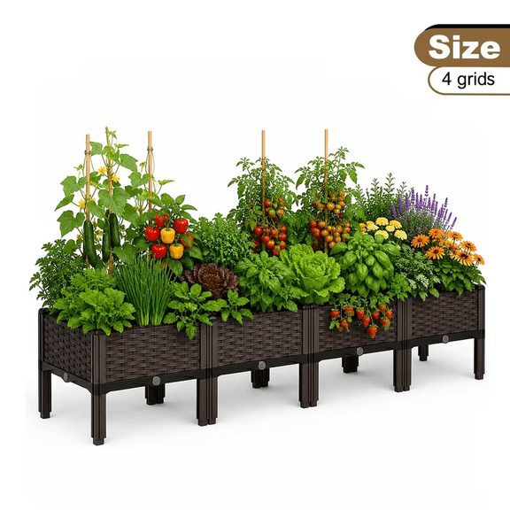 4-Grids Raised Garden Bed, Outdoor Elevated Planter with Drainage System for Backyard, Patio and Balcony