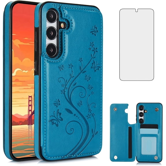 Phone Case for Samsung Galaxy A35 5G with Tempered Glass Screen Protector and Card Holder Wallet Cover Stand Flip Leather Cell Accessories Glaxay A 35 35A A355G SM-A356U A356E Women Men Blue