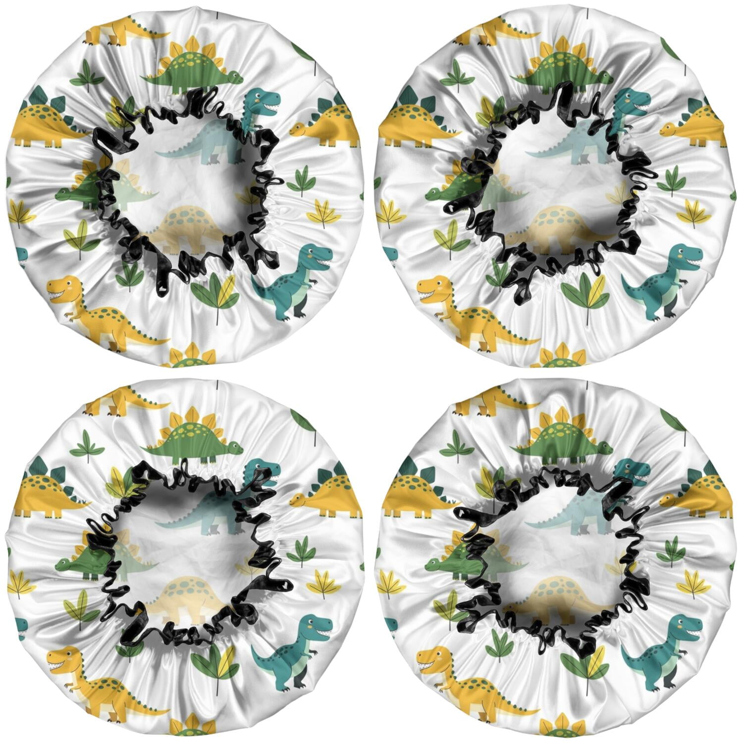 Shower Caps,White Dinosaurs Leaves Pattern Waterproof Shower Cap for Women 4 Pieces,Double Reusable Hair Cover for Shower PEVA Elastic Stretch Hem