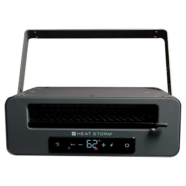 Heat Storm 6000-Watt infrared electric garage heater with digital thermostat displaying temperature set to 62°F.