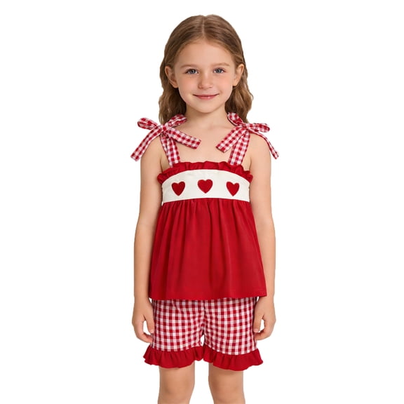 WOYY Girls Outfits Hearts Embroidery Tie Shoulder Camisole Shorts Set Baby Clothing Sets, Sizes 12M-5T