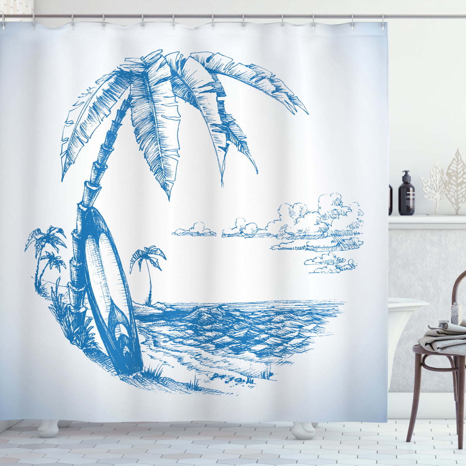 SURF'S UP SHOWER CURTAIN POLYESTER FABRIC TEAL BLUE GREEN PALM TREES BOARDS NEW 