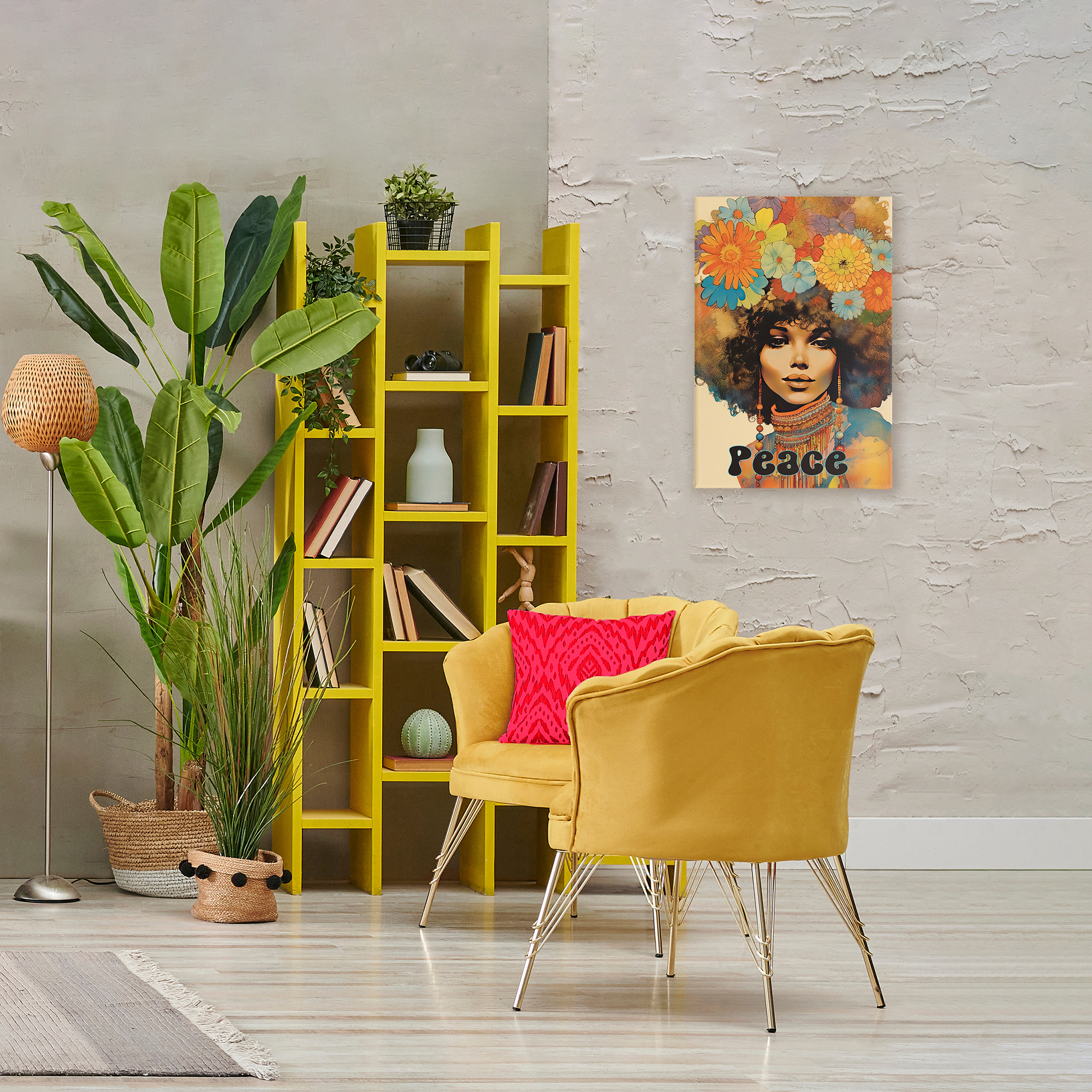 Peace Groovy Afro Girl Canvas Wall Art, design by Sasha
