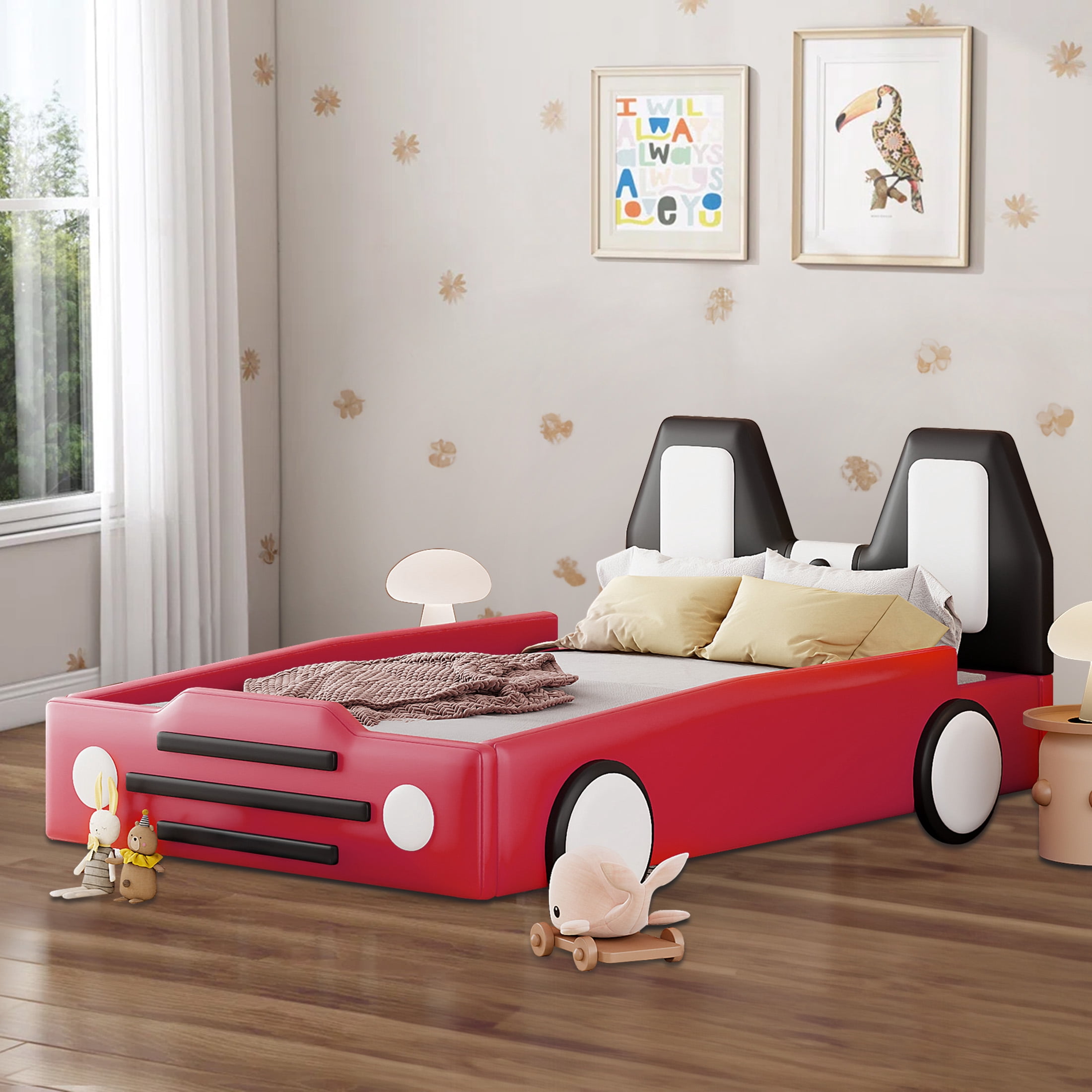 Aukfa Twin Size Kids Race Car Bed with Wheels, PU Leather Upholstered Platform Bed Frame for Boys/Girls Bedroom or Playroom, Red