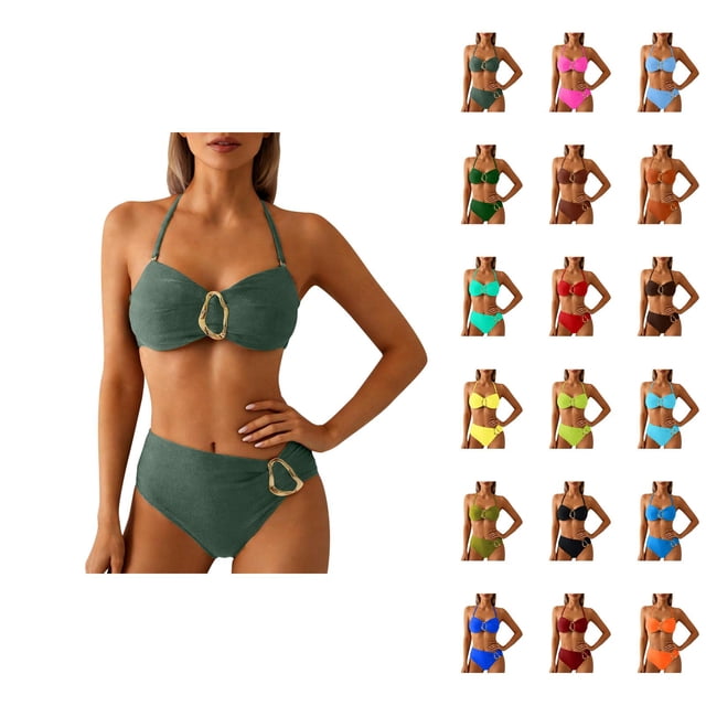 Bikinis for Women 2026 Fashionable Metal Buckle Adjustable Straps Top with High Waisted Bottom Two Piece Bathing Suits Woman