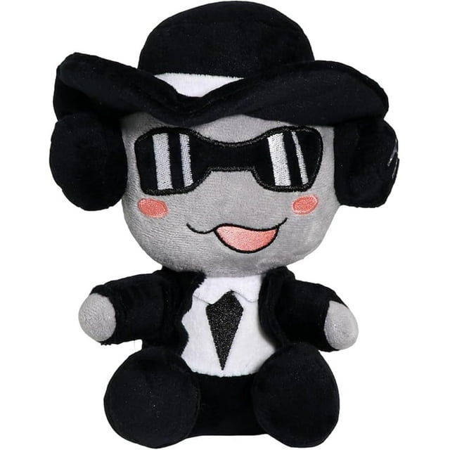 eiva chance forsaken plush, suave chance forsaken, peluche, juguetes, 2025, figuras de peluches, regalos para niños y fans. (20cm) Peluche de 20 cm, vista frontal centrada; cuerpo de felpa gris claro con sombrero y audífonos negros, gafas bordadas con franjas blancas, mejillas sonrojadas y sonrisa bordada. Viste saco negro con camisa blanca y corbata negra bordada. Fondo blanco neutro; también adecuado como peluche coleccionable o decoración de cuarto gamer.