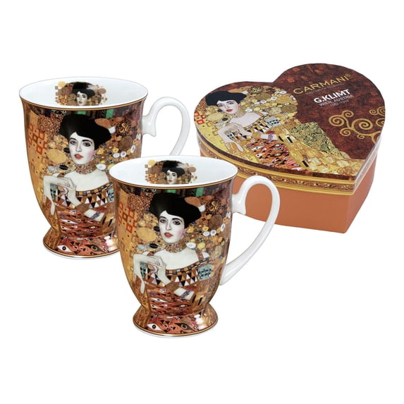 Decorative Porcelain Coffee Mug Set Of 2 In a Heart Box - 12 Oz Mugs, Adela, Gustav Klimt
