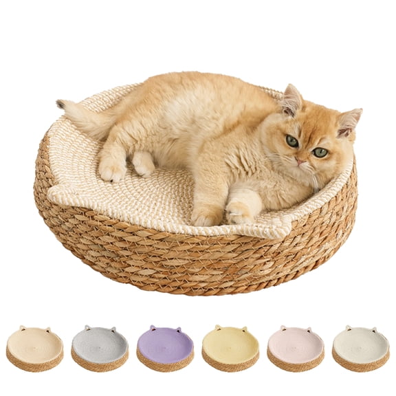 Qocolcyl Breathable Wicker Round Cat Bed, Natural Hand Woven Wood Cooling Dog Cushion 14x14x3in, Scratch Resistant Summer Sleeping Mat For Kittens Small Dogs, Home Decor Pet Gift,Gray