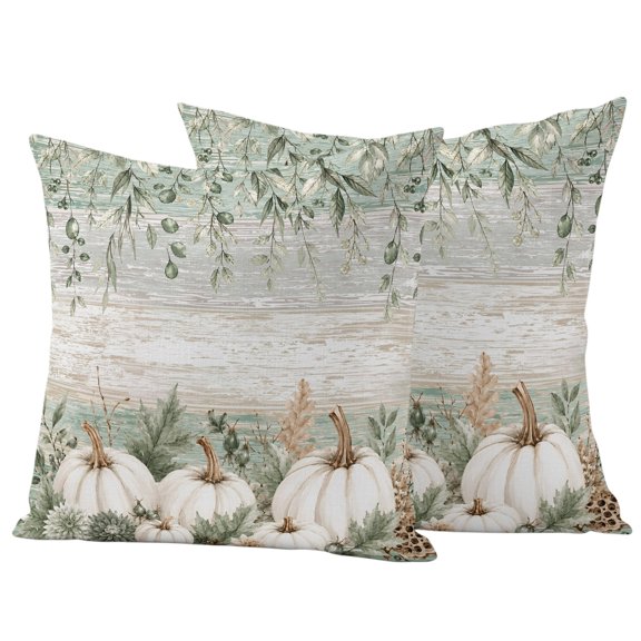 Thanksgiving Pumpkins Outdoor Waterproof Pillow Covers, Fall Eucalyptus Leaf Rustic Wooden Decorative Square Throw Pillowcase Sofa Cushion Sham for Patio/Couch/Chair, 20"x20" 2 Pack