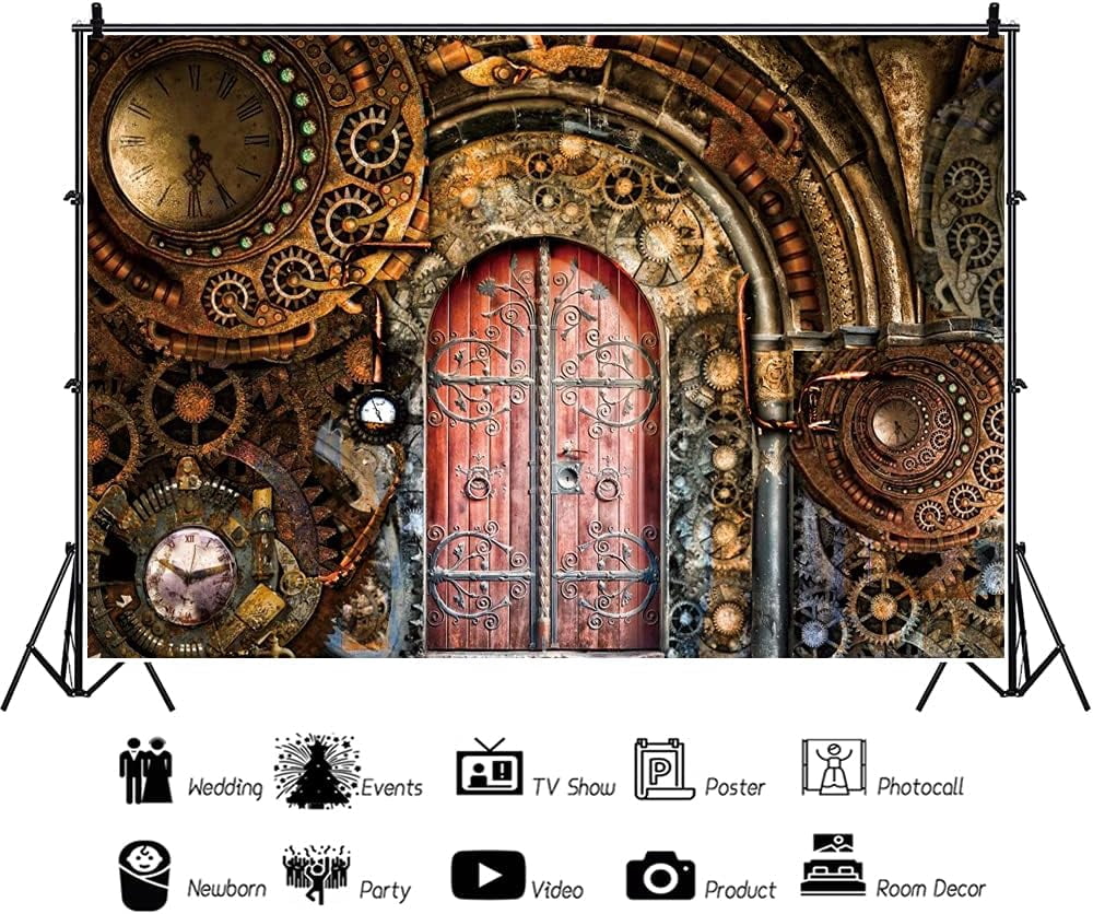 CORFOTO 10x8ft Steampunk Photo Backdrop - Vintage Clockwork Gears Metal Design For Photography, Parties, Wall Decor