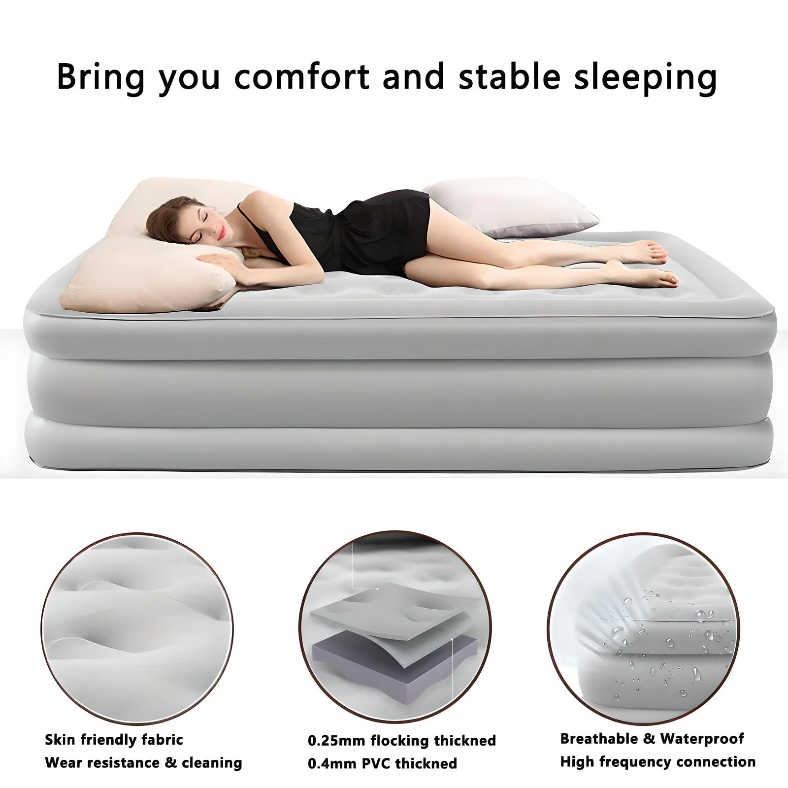 StarZe Air Mattress Queen with Built in Pump and Headboard，Inflatable Portable Mattress for Home, Camping & Guests,Gray.