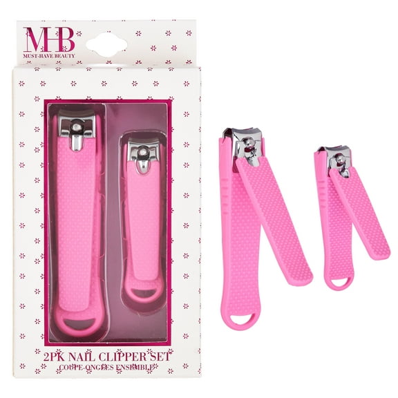 2pc Nail Clipper Set - Big & Small Precision Nail Clippers Value Pack, Water-Resistant Pink Nail Clippers with Comfortable Silicone Grip (Fuchsia)