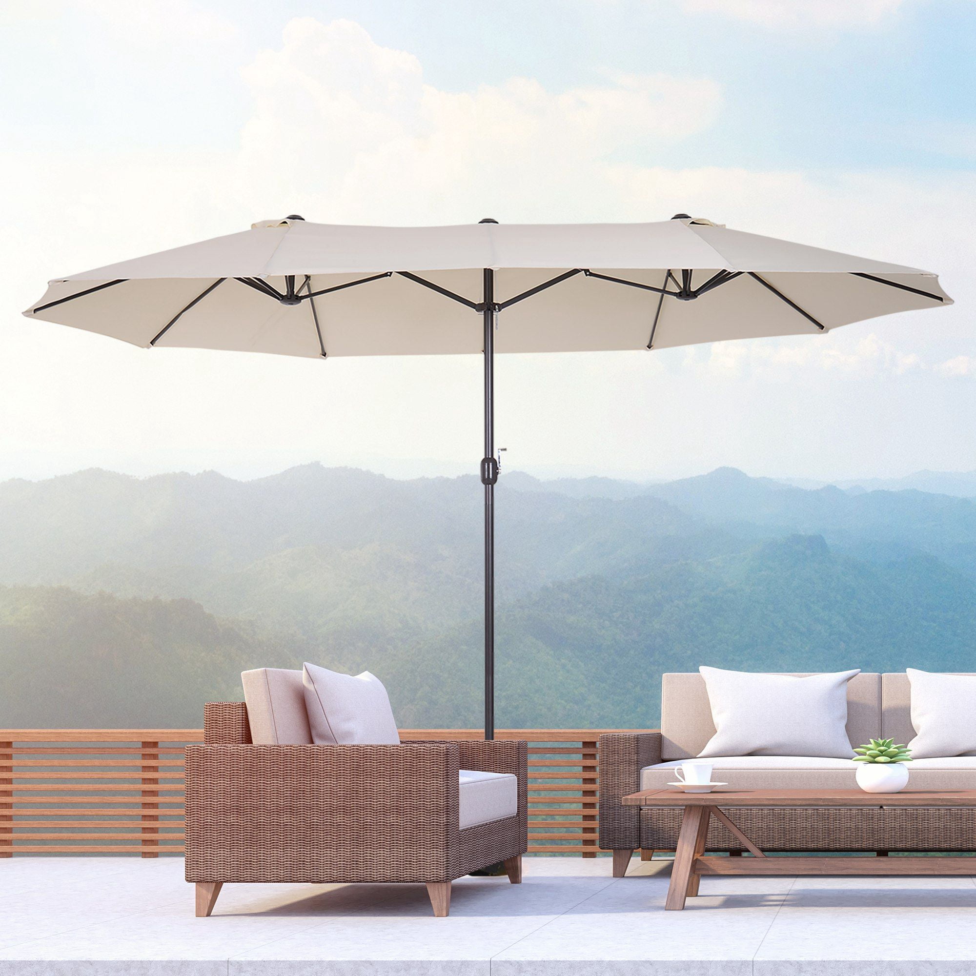 Outsunny 15ft Double-Sided Patio Umbrella, Extra Large Cream White Market Parasol with Crank Handle, UV Resistant Polyester & Steel Ribs for Backyard, Deck, Pool, and Garden