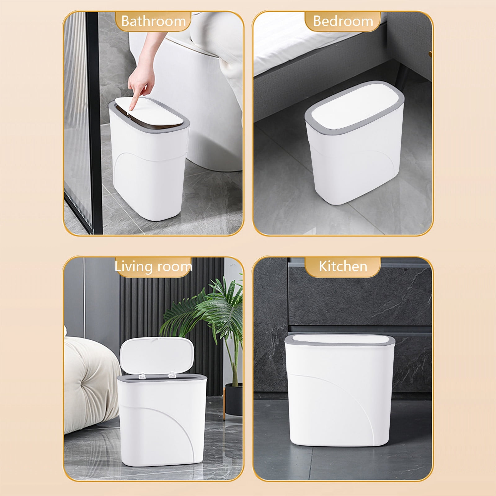 Press Top Flip Lid Trash Can, Space-Saving Plastic Storage Bin for Kitchen, Bathroom, Dining Room, and Narrow Spaces, Convenient Clamp Style Garbage Bin