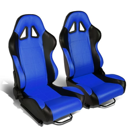 - Set of 2 Square Stitch Type-R PVC Leather Reclinable Racing Seats w/ Universal Sliders (Black/Blue)