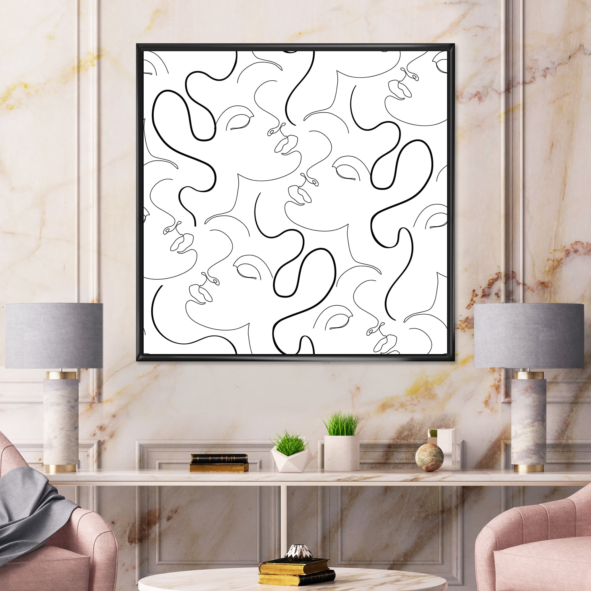 Designart 'Black and White One Line Drawing Portraits' Modern Framed Canvas Wall Art Print