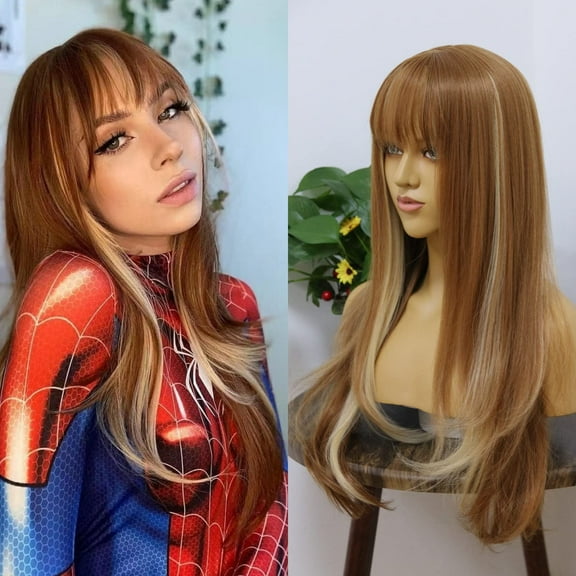 SUCS Ginger Brown Synthetic Wig With Bangs Blonde Natural Wave Heat Resistant Fibers Lolita Cosplay Wigs For Girls Woman Daily Use Hair Replacement Unit Glueless No Lace Wig