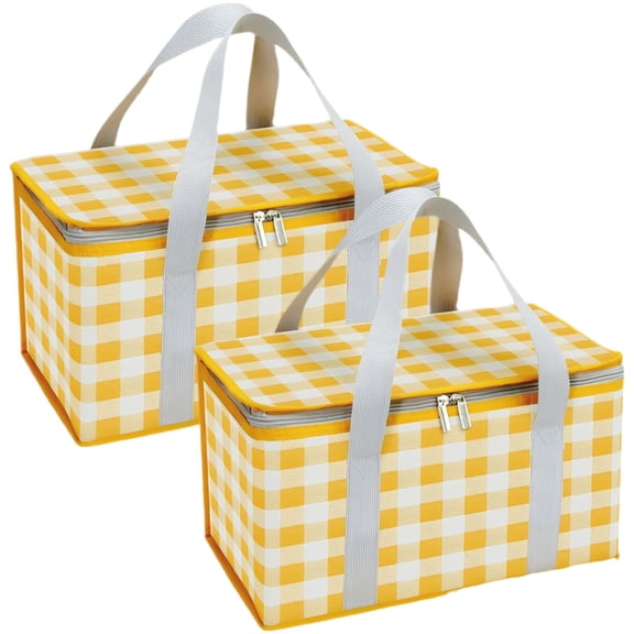 2 Pcs Large Insulated Picnic Bags, 13.8 x 7.9 x 8.7 in Collapsible Reusable Food Organizer with Dual Zipper & Wide Handle, Thick Thermal Cooler Tote for Outdoor Camping Travel BBQ, Yellow Red