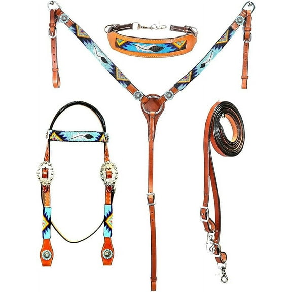 MARTIN ENTERPRISES Western Premium Leather Equestrian Trail Hand Carved Tooled Beaded Headstall, Breast Collar, Reins & Wither Straps Size Full