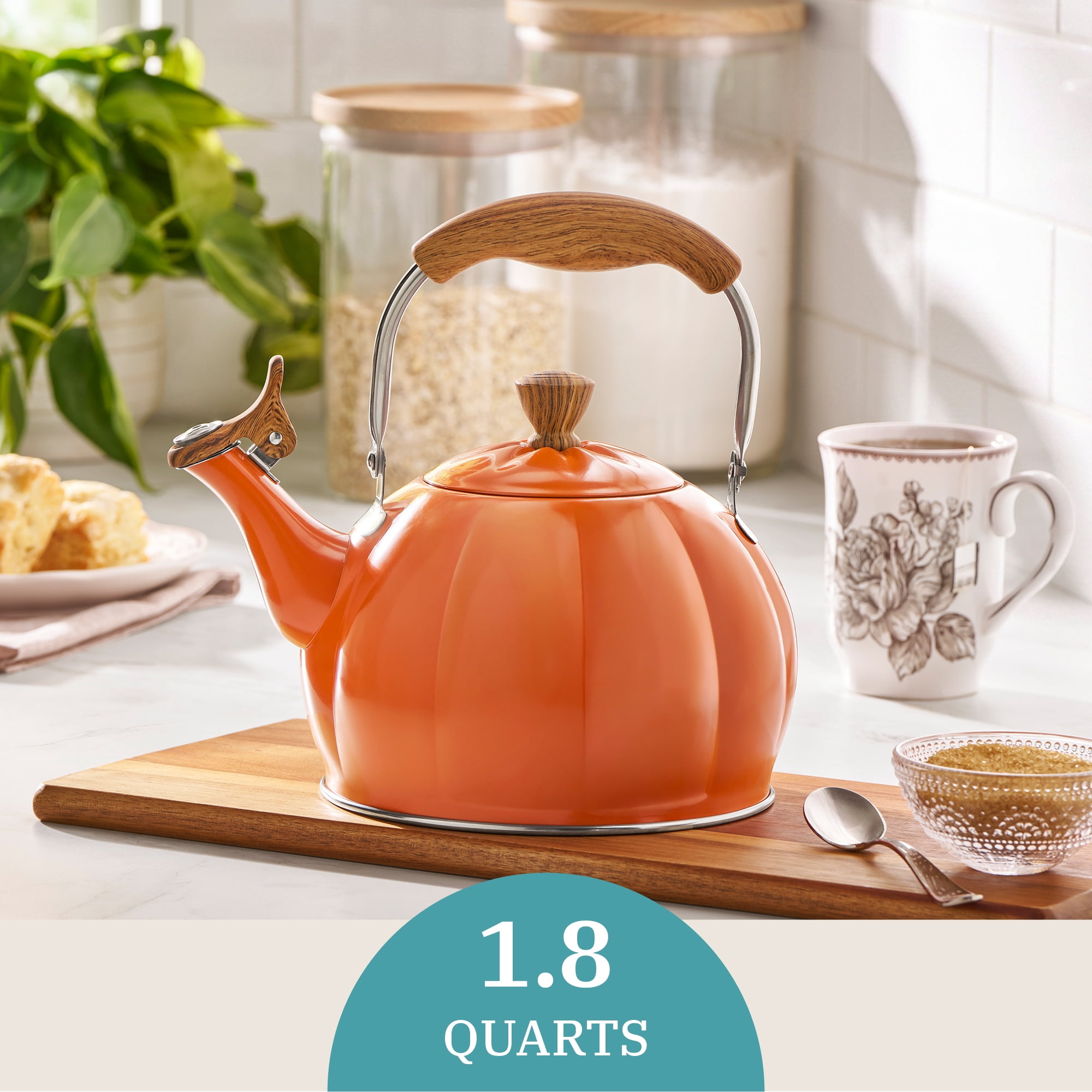 The Pioneer Woman Orange Pumpkin Whistling Tea Kettle with Lid - Hand Wash Only