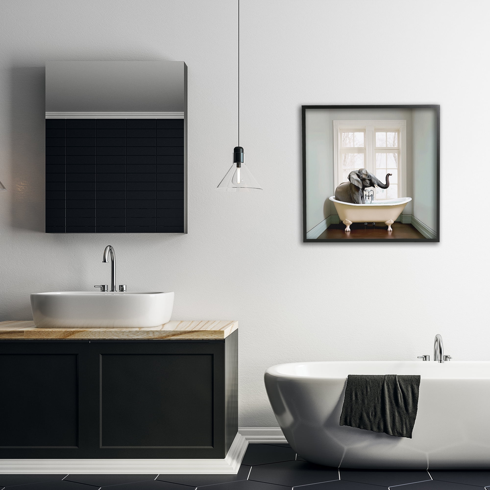 Minimal Elephant Bathtime Black Framed Giclee Art, design by Sasha