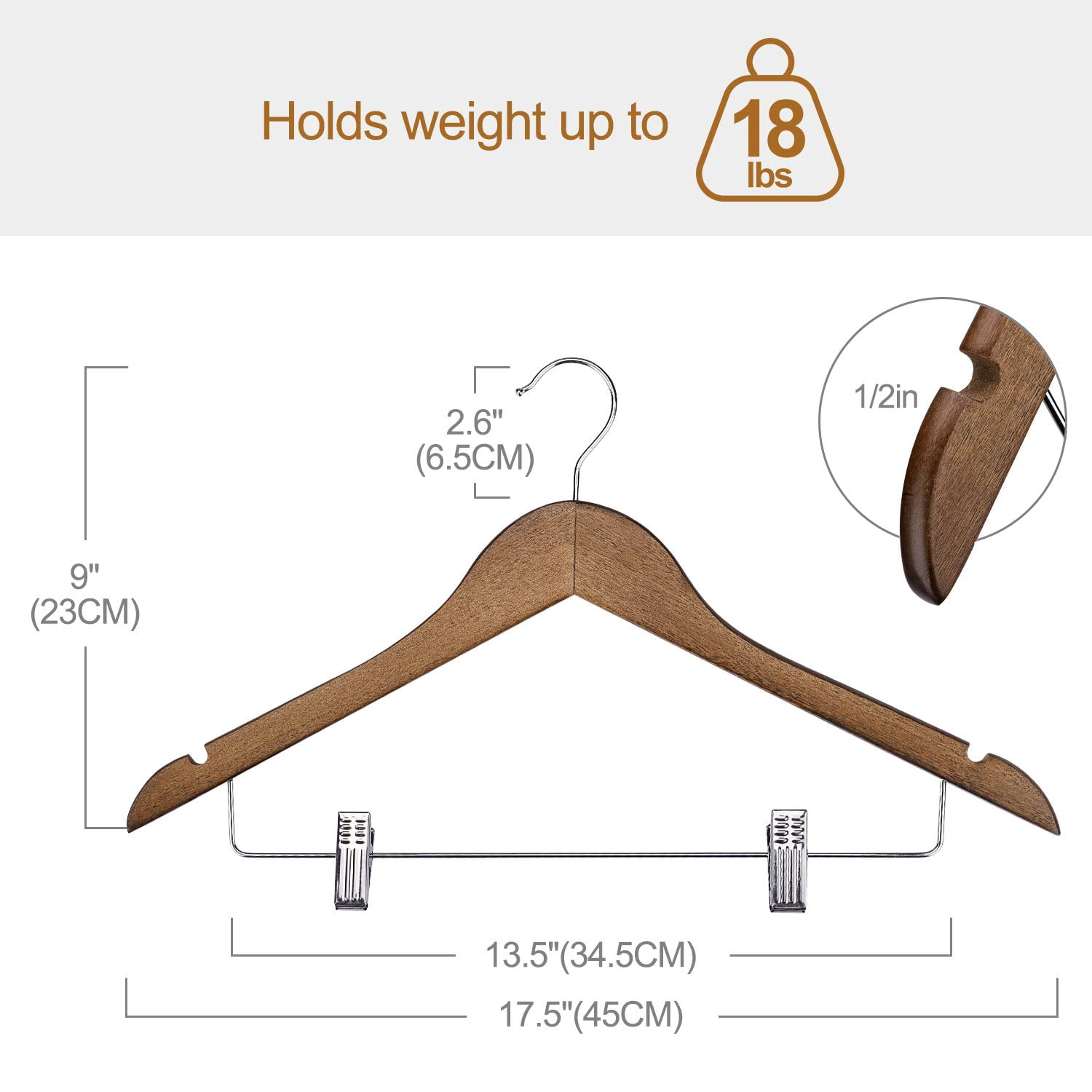 ACSTEP Wooden Hanger with Clips 12 Pack, Premium Coat Hanger, Wooden Clothing Hanger with Shoulder Grooves, 360 Degree Rotatable Hook, Walnut