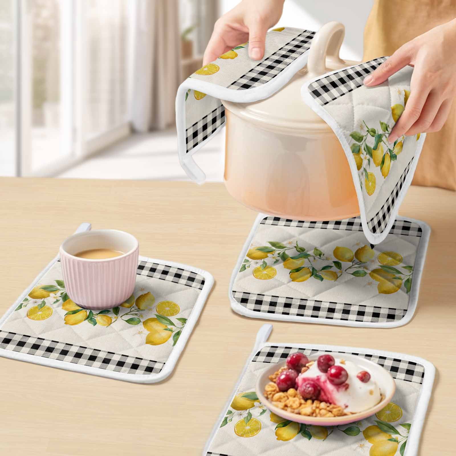 Yellow Lemons Pot Holders for Kitchen Heatproof Potholder, 5 Pack Summer Watercolor Fruits Plaid Hot Pads Multipurpose Oven Pads Cloth Potholders Trivet for Cooking Baking